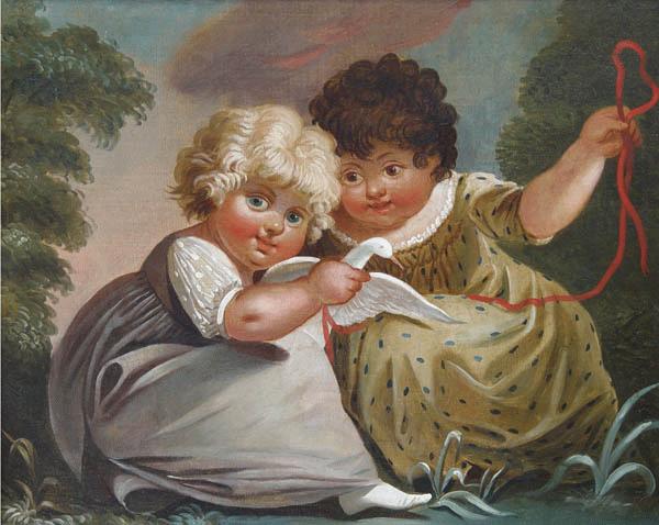 Two Children at Play with a White Bird