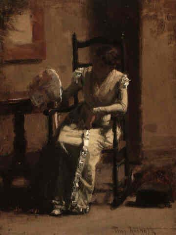 Anshutz, ASeated Woman with Bonnet in Interior; signed; oil on board; 26 x 19.7 cm.