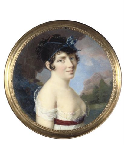 Bertrand, A young lady, in lace-bordered loose white dress, revealing her right breast, crimson sash at her waist/ watercolor on ivory miniature