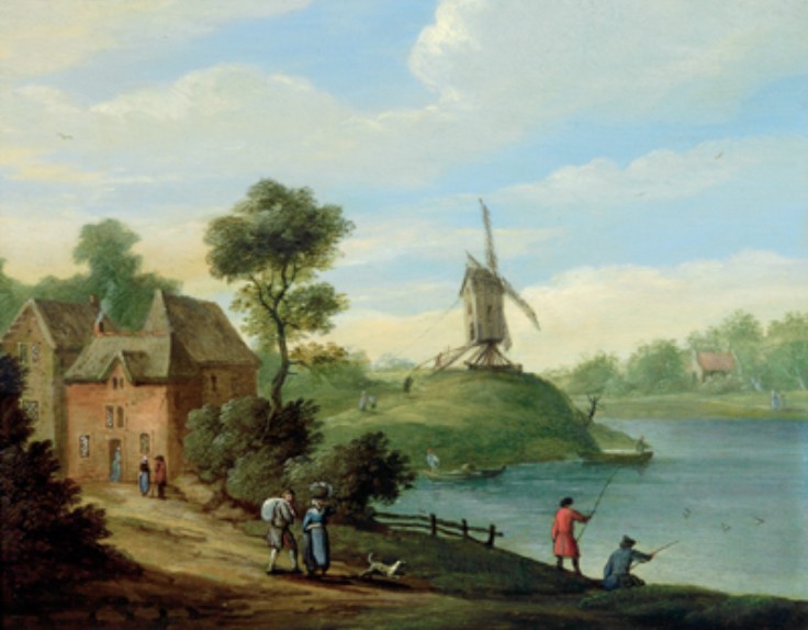 Houses and a Windmill by a River 