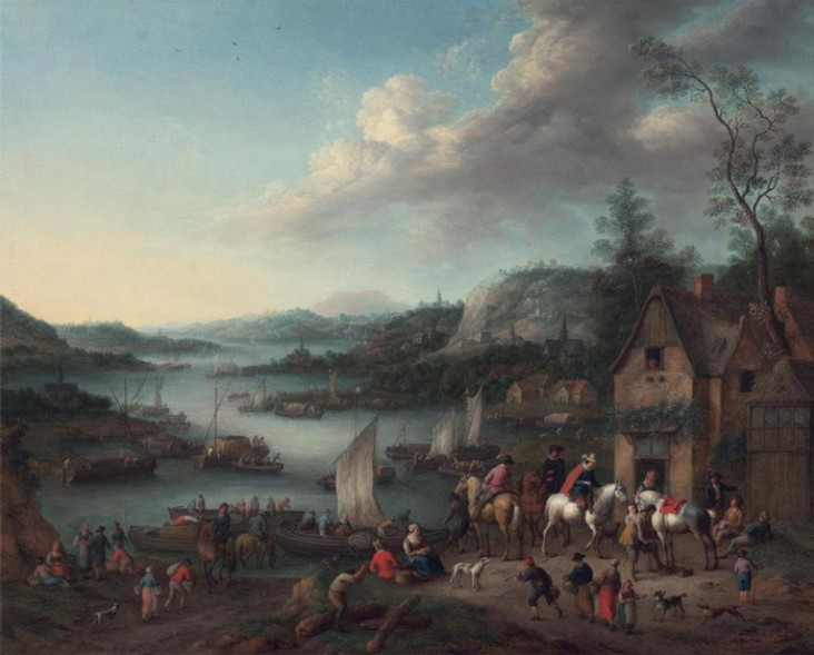 A River Landscape with Boats and Riders Halted at an Inn 1745