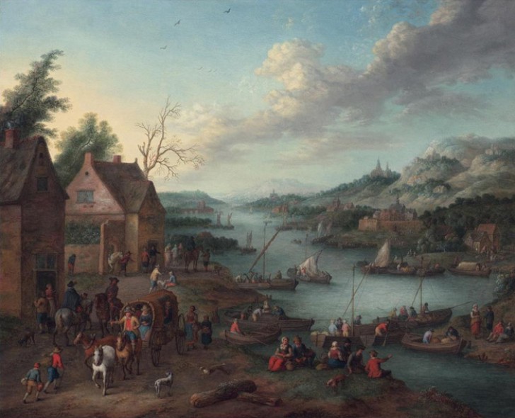 A River Landscape with Boats and a Departing Coach 1745