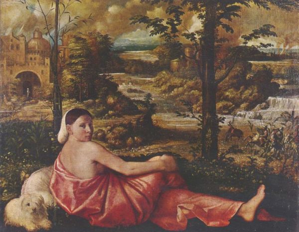 Cariani, Resting Woman with White Dog in Landscape