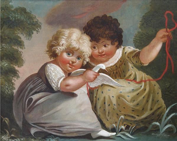 Two Children at Play with a White Bird
