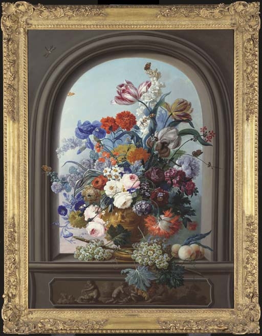 Dreschler, Flowers in a sculptured urn with bunches of grapes and peaches in a casement