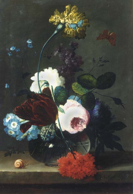 Dreschler, Flowers in a glass vase with butterflies