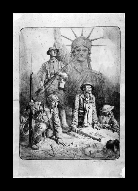 Four Soldiers (French, English, Italian, American) with the Statue of Liberty, 1918