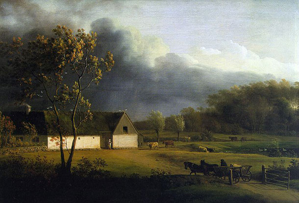 Juel painting, A Storm Brewing Behind A Farmhouse