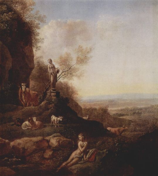 Klengel painting, Landscape with Goats, Cows and Statue