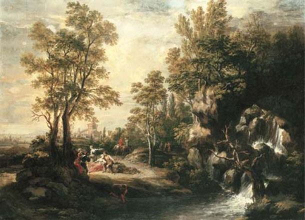 Knoller painting, Peasants Resting by a Waterfall