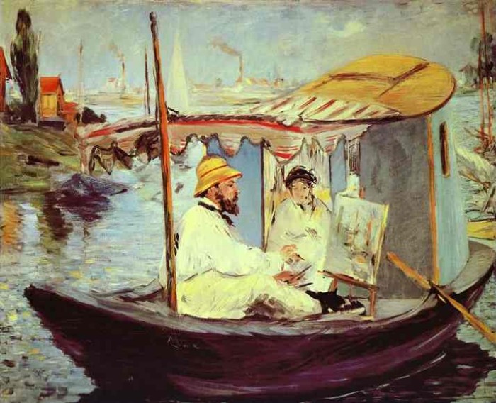 Claude Monet Painting on his Studio Boat 1874