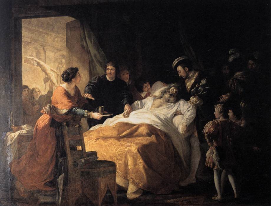 Menageot painting, The Death of Leondardo da Vinci in the Arms of Francis I 1781