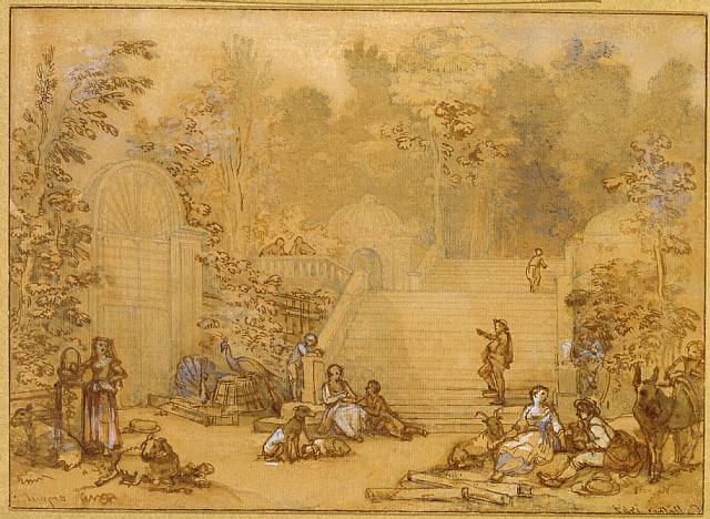 Natoire work, View in the Gardens at Arceuil, with Figures and Peacocks by a Stairway