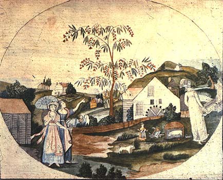 Farm Scene with Two Fashionable Ladies, watercolor