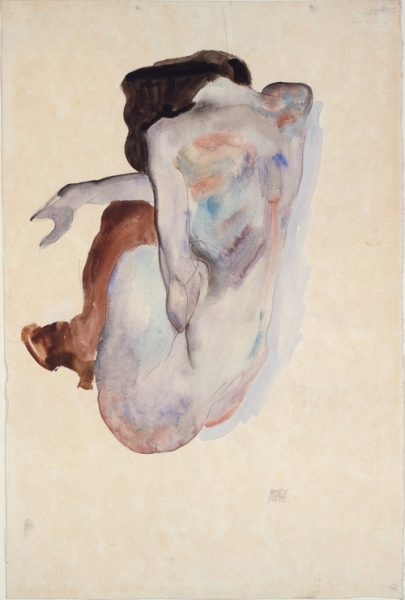 Schiele, Crouching Nude in Shoes and Black Stockings, Back View