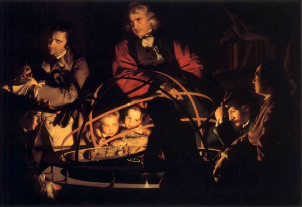 Wright painting, A Philosopher Giving That Lecture on the Orrery, in Which a Lamp is Put in Place of the Sun 1766