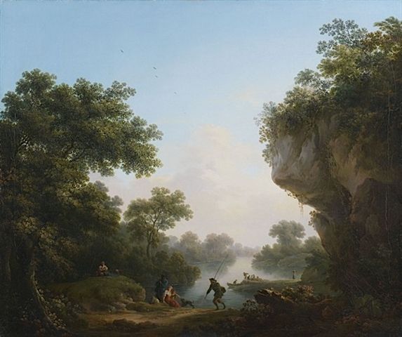 Wutky, Fishers in front of a river, crossing a landscape of rocks and woods