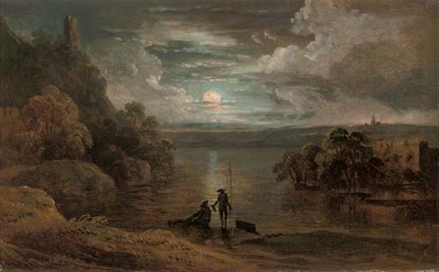 Wutky, The moonlit river landscape with anglers