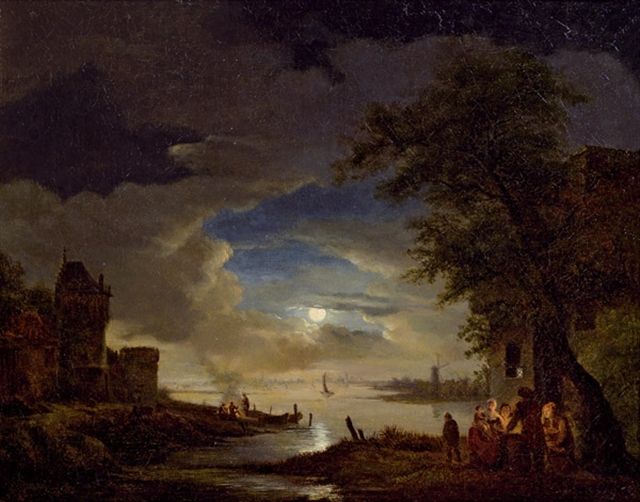 Wutky, Moon-lit coastal landscape with a family, farming in candle light