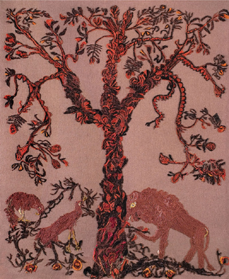 2. A Red Tree. 1977. Embroidered Tapestry. 