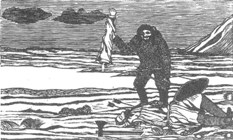 3. Qasapi has just killed the Norsemen chief Uunngortoq. Woodcut. 1860. 