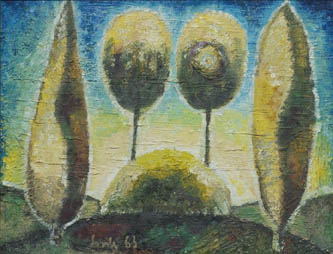 3. Abstract Composition with Five Junipers. 1963. Oil and paste on canvas. 