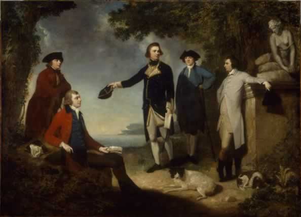  Sir Joseph Banks, lower left in red coat, with fellow explorers and naturalists Dr. Daniel Solander (at left), Dr. John Hawkesworth and Earl Sandwich by Mortimer 