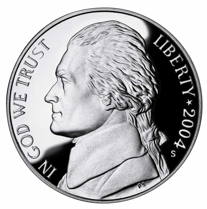  Thomas Jefferson on the US nickel, profile, 2004