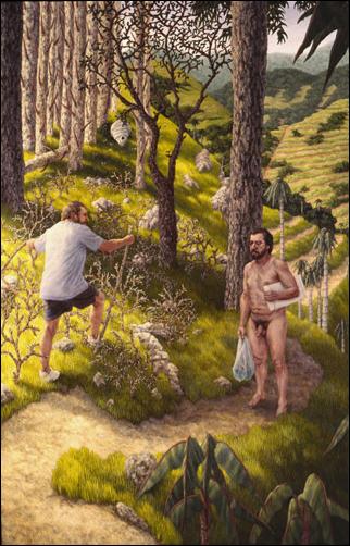 Nora Sturges, Marco Polo Avoids a Naked Man, 2002, oil and acrylic on panel, 12 x 8 inches
