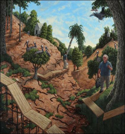 Marco Polo Travels Through a Landscape With Snakes, 2001, oil and acrylic on panel, 10.5x10 inches